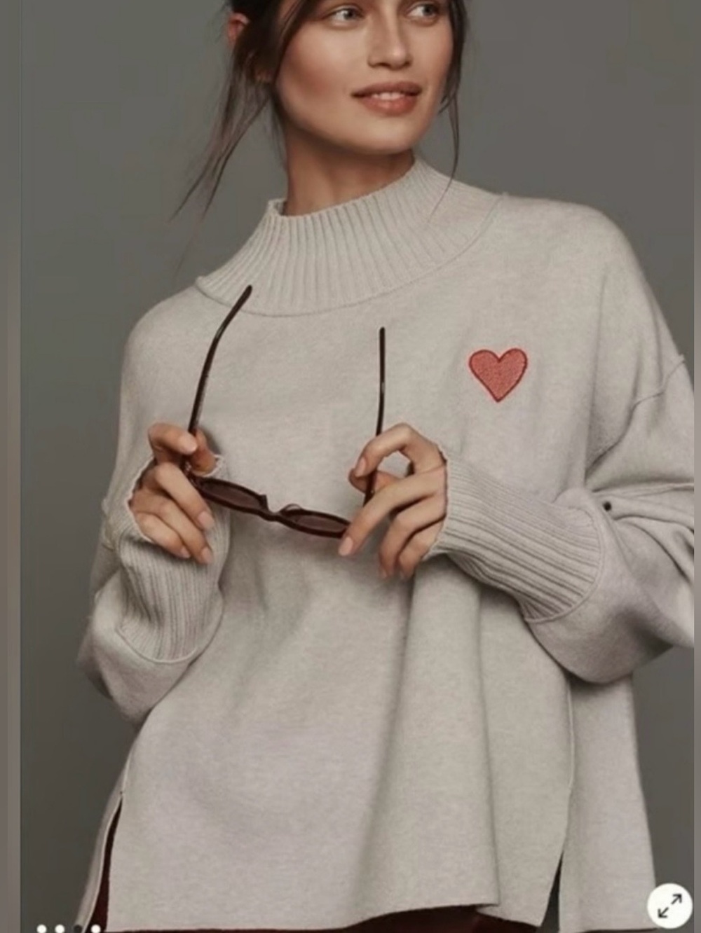 NWT Anthropologie Gray Mock-Neck Sweater with Red Heart Patch